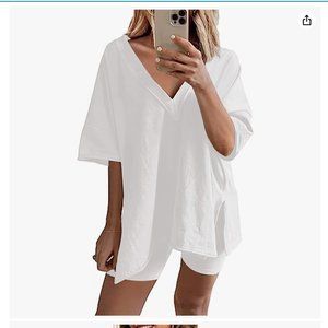 Women's Oversized 2 Piece Outfits V Neck T-Shirts Biker Shorts